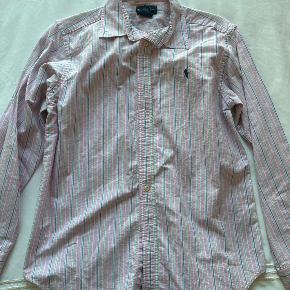 Ralph Lauren Pink and Green Stripe Cotton Button-Down Shirt